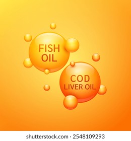 Aceite de hígado de bacalao y ácidos grasos de aceite de pescado sobre fondo naranja. Para productos de nutrición, anuncios de salud alimentaria. Conceptos científicos médicos. Ilustración vectorial 3D.