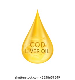 Cod liver oil or Omega 3 fatty acids water drop on white background. Extracted from nature salmon. Vitamins collagen essential to the health for the body. For dietary nutritional supplement. Vector.