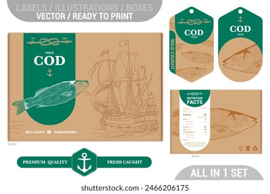 Cod seafood Premium quality package design set featuring modern hand drawn illustrations and labels set. Seafood in old cartoon style