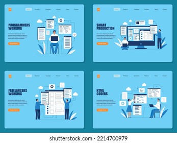 Codders landing. freelance workers making programming code smart industry characters designers. Vector web page template
