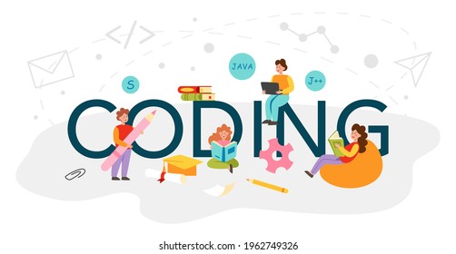 Cabecera tipográfica de ropa de cama. Educación informática, estudiante escribiendo un software