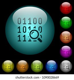 Code analysis icons in color illuminated spherical glass buttons on black background. Can be used to black or dark templates