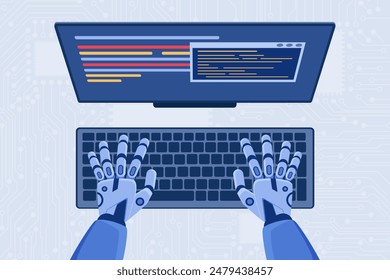 Code automation development, programming using AI, top view of coding robot hands. Cyborg sitting at computer desk, writing code for software or mobile application cartoon vector illustration