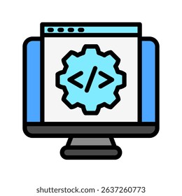 Code Base mini illustration outline color icon, use for research and development, education, industry, UI, UX kit, app and web development, digital or print.