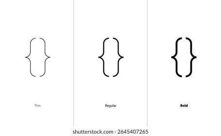 Code brackets icon set. thin, regular and bold line icons. HTML tag brackets