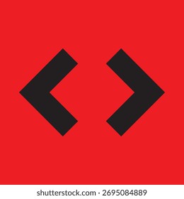 Ícone de colchetes de código mostrando símbolos menor que e maior que em preto em um plano de fundo vermelho vibrante. Representa codificação, desenvolvimento de software e linguagens de marcação em um estilo plano moderno.