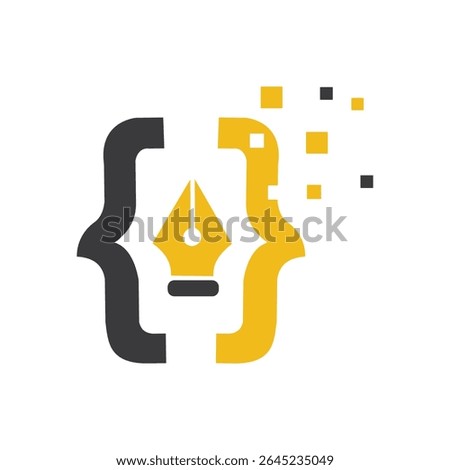Code brackets with pen nib and pixel squares logo design