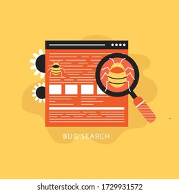 Code bug concept. Vector bug in the system. Bug searching. Vector illustration