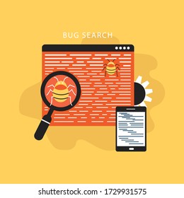 Code bug concept. Vector bug in the system. Bug searching. Vector illustration