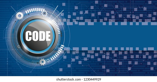 CODE button with electronic schematicon and banner on the blue background. Eps 10 vector file.