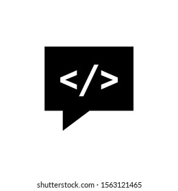 Code Chat, Code Commenting vector icon in black flat design on white background, Dialogue, chat, script, code, Information technology concept