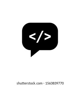 Code Chat, Code Commenting vector icon in black flat design on white background, Dialogue, chat, script, code, Information technology concept