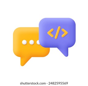 Chat de código. Burbuja de voz y código. Diálogo, chat, script, código. Concepto de tecnología de la información. Icono de Vector 3d. Dibujos animados estilo minimalista.