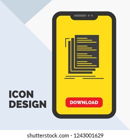 Code, coding, compile, files, list Glyph Icon in Mobile for Download Page. Yellow Background