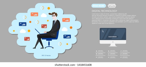 Code concept illustration of student using laptops for developing programs and app. Software concept. Vector illustration flat design. Programmer, coder, hacker