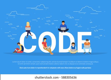 Code concept illustration of students using laptops for developing programs and app. Flat modern design of young programmers coding a new project sitting on big letters and working hard