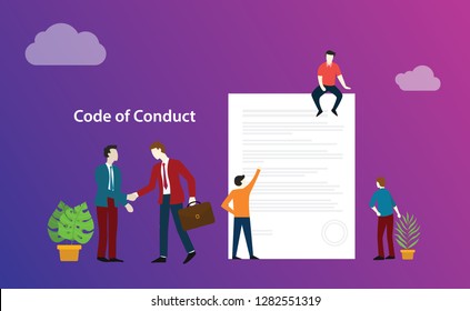 code of conduct business deal with people discuss together on paper document ethics - vector illustration