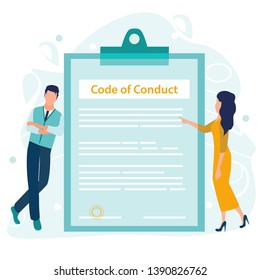 Code Of Conduct. Business Ethics. Business Man And Woman Looking On A Document On A Clipboard Paper. Concept Of Ethical Integrity Value And Ethics. Vector Illustration In A Flat Cartoon Style.