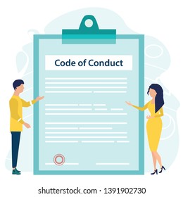 Code Of Conduct. Business Ethics. Business Man And Woman Looking On Document On A Clipboard Paper. Concept Of Ethical Integrity Value And Ethics. Vector Illustration. Flat Cartoon Style.