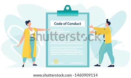 Code of Conduct. Business ethics. Business man and woman looking on document on a clipboard paper. Concept of ethical integrity value and ethics. Vector illustration. Flat cartoon style.