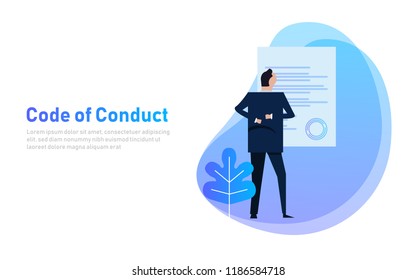 Code Of Conduct. Business Man Looking At Paper. Concept Of Ethical Integrity Value And Ethics. Illustration Symbol In Vector