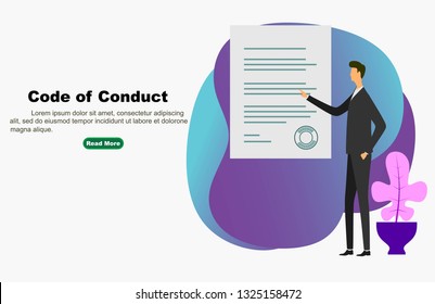 Code Of Conduct. Business Man Looking At Paper. Concept Of Ethical Integrity Value And Ethics. Illustration Symbol In Vector - Vector