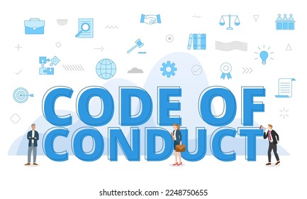 code of conduct concept with big words and people surrounded by related icon with blue color style