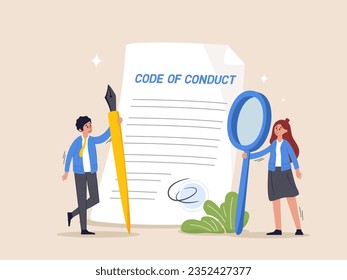 Code of conduct concept. Ethical policy or rules, regulation or principles guideline for work responsibility, compliance document or company standard, businessman writing code of conduct document.