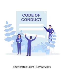 Code of conduct concept flat illustration. People working, discussing and create rules, principles, values, and employee expectations to their operation.