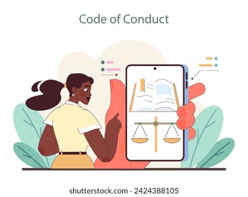 Code of Conduct concept. A person holds a tablet displaying scales of justice, symbolizing adherence to ethical standards. Flat vector illustration.