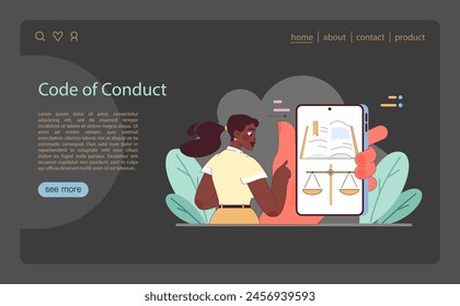 Code of Conduct concept. A person holds a tablet displaying scales of justice, symbolizing adherence to ethical standards. Flat vector illustration.