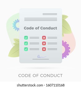 Code Of Conduct Icon - Paper Document With Concept Of Ethical, Rules, Values, Principles, And Employee Expectations. Flat Vector Illustration Isolated On White Background.