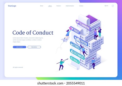 Code Of Conduct Isometric Landing Page, Company Business Rules Concept With Tiny Office People At Tower Of Core Values Teamwork, Trust, Innovation, Ethics, Customers And Goals, 3d Vector Web Banner