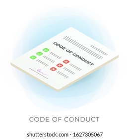 Code Of Conduct Isometric Vector Icon. Document With Concept Of Ethical, Values, Rules, Principles, And Employee Expectations. Flat Vector Illustration Isolated On White Background