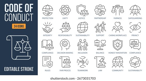 Code of conduct outline icons collection, ethics concept. Vector graphics. Justice, fairness, compliance, responsibility, teamwork and community signs on white background, line editable.