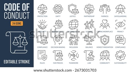Code of conduct outline icons collection, ethics concept. Vector graphics. Justice, fairness, compliance, responsibility, teamwork and community signs on white background, line editable.