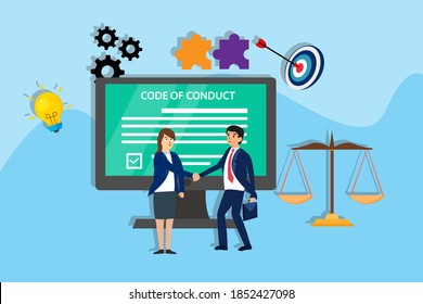 Code of conduct vector concept: Businessman and businesswoman shaking hands with code of conduct background on the computer monitor