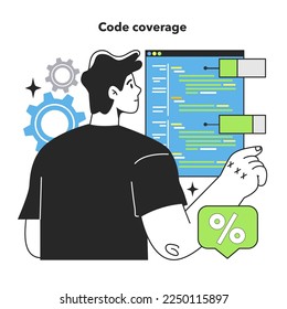 Code coverage. Software testing methodology. IT specialist searching for bugs in code. Website and application development. Flat vector illustration