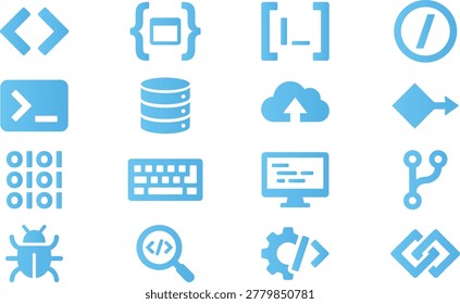 Code, data, cloud, bug, keyboard, monitor, database, branching.