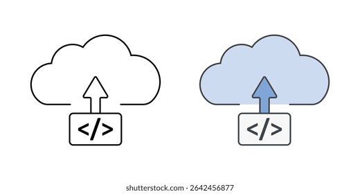 Code deployment icon with a cloud, upload arrow, and file or code symbol, in outline and color styles, ideal for illustrating software delivery and application updates in cloud environments. - Powered by Shutterstock - Get 15% off with code: PIKWIZARD15