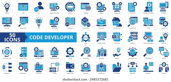 Conjunto de colecciones de iconos de desarrollador de código. Contiene desarrollo, usuario, programación, Sitio web, página web, software, ícono de prueba. Sencillo Vector plano.