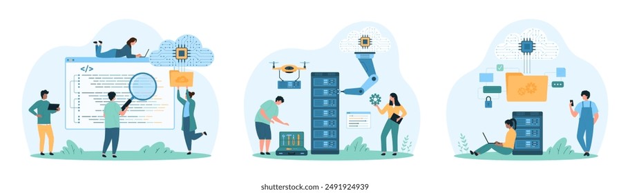 Code development, software for database and hosting service set. Tiny people with magnifying glass and robotic arm work with hardware, repair programs of server system cartoon vector illustration