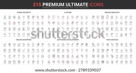 Code development and software debug, online services of communication line icon set. Online shopping and payment protection, call support service thin black and red outline symbols vector illustration