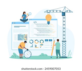 Code development solution, engineering and coding process. Tiny people and construction crane with light bulb build program, develop software code and mobile applications cartoon vector illustration