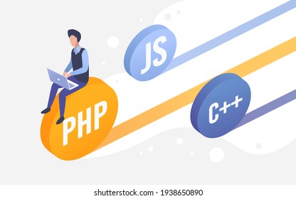 Code development work, web engineering isometric vector illustration. Cartoon 3d programmer coder developer character sitting on programming languages code coins, working with laptop background