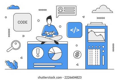 Code development work. Web engineering, it software testing, code review vector monocolor illustration