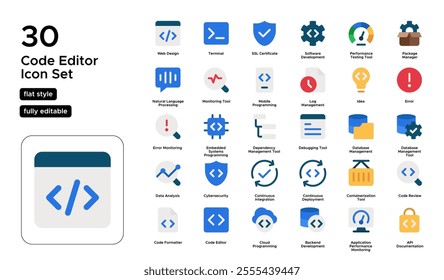 Code Editor Flat Icon Set: Programming Languages, Syntax Highlighting, and IDEs Icons