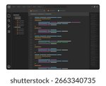 Code editor interface in dark mode file directory sidebar and lines of colored syntax highlighted code related to programming software development coding and web development