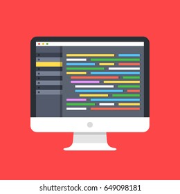 Code editor on computer screen. Desktop PC with code editor software GUI. Coding, programming, web development concepts. Modern flat design vector illustration