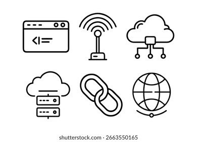 Editor de código, Antena wireless, Rede em nuvem, Servidor em nuvem, Cadeia de links e Ícones de linha de globo na Internet